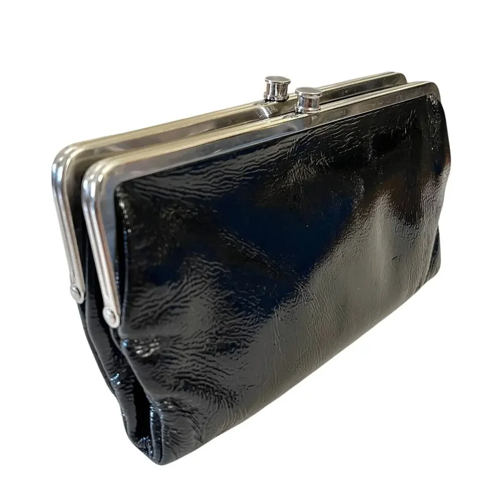 HOBO Lauren Black Crinkle Patent Leather Double-Frame Wallet Clutch Purse